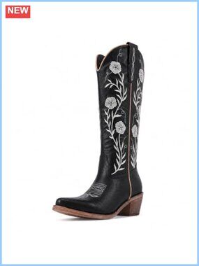 Wide Calf Knee High Cowboy Boots Floral Embroidered Snip Toe Faux Leather